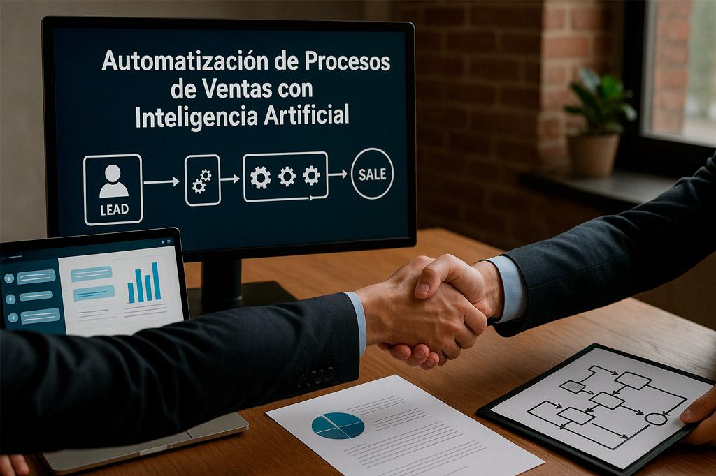 Negociación con ordenador explicando ¿en qué consiste la automatización de procesos de ventas con Inteligencia Artificial?